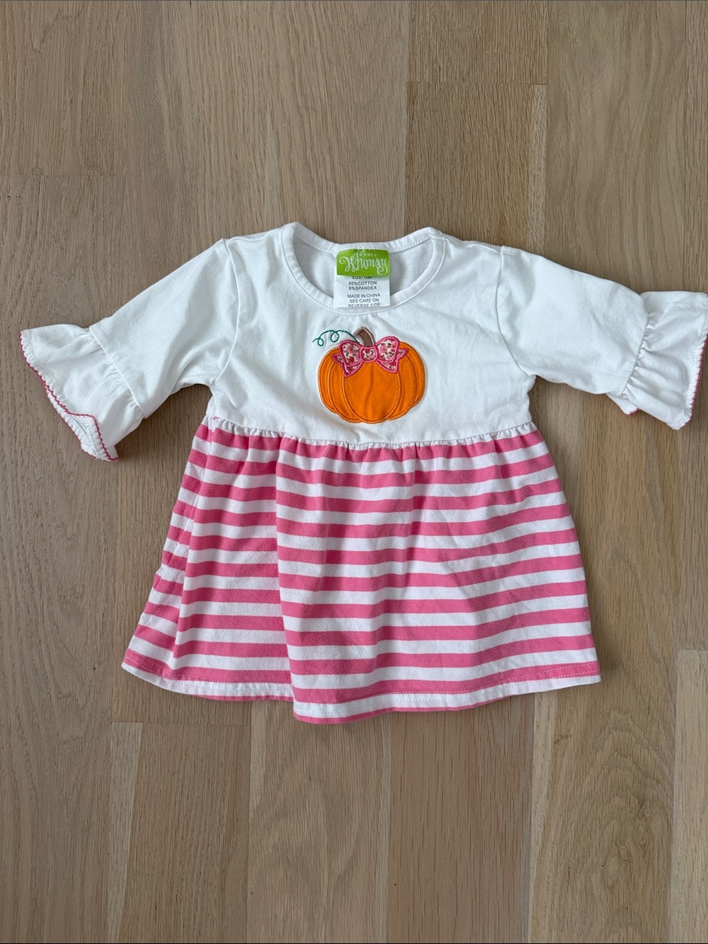 Children's Pumpkin Applique Striped Dress Top - White & Pink